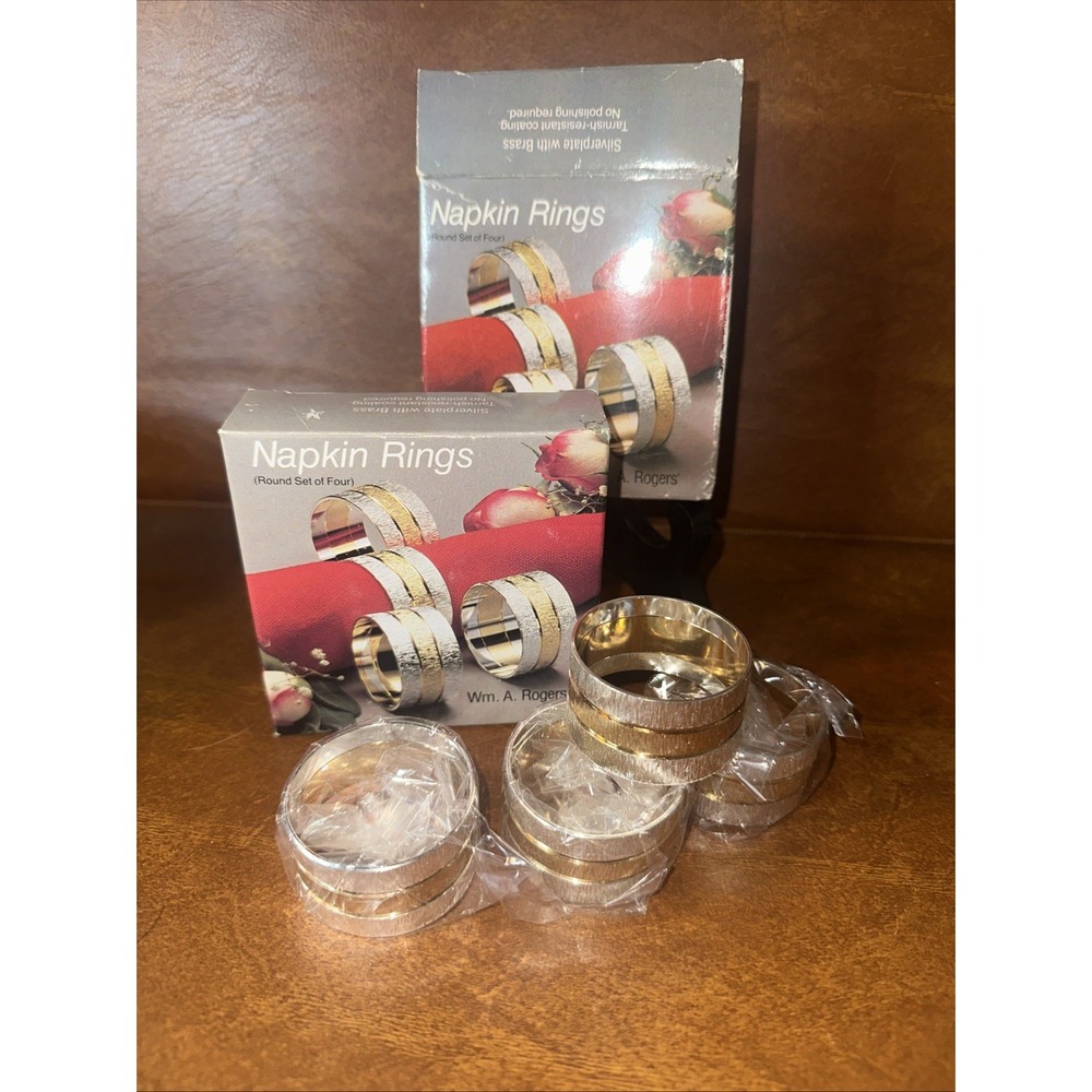 Wm A Rogers 8 Napkin Rings Round Silverplate Polished Brass New in Box Vintage